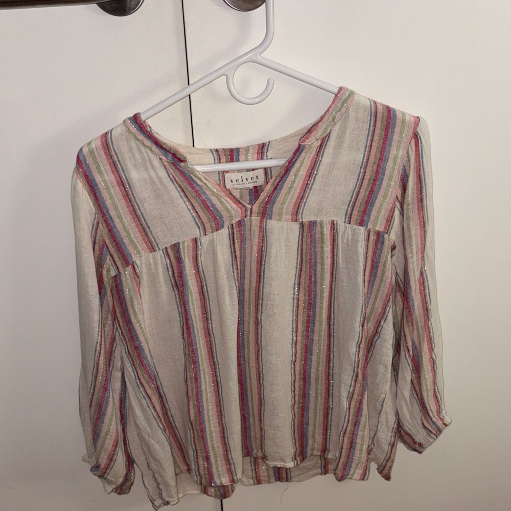 Velvet by Graham & Spencer Cream Striped V-Neck Top with Gold Thread